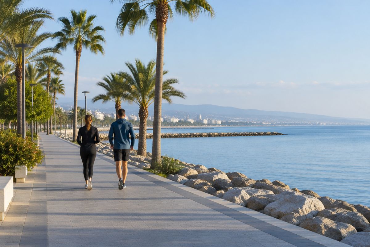 Δύο άνθρωποι περπατούν γρήγορα σε παραλιακό πεζόδρομο με φοίνικες