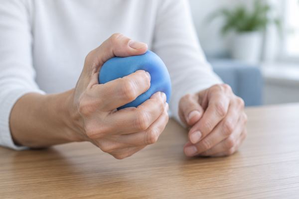 Χέρια σφίγγουν ένα μαλακό μπαλάκι άσκησης πάνω σε τραπέζι