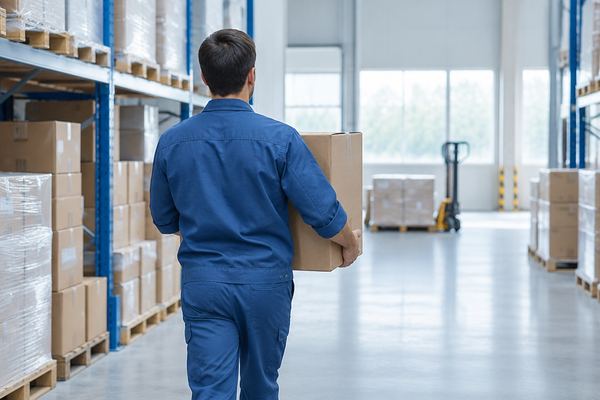 Εργαζόμενος κουβαλά κουτί κοντά στο σώμα σε αποθήκη